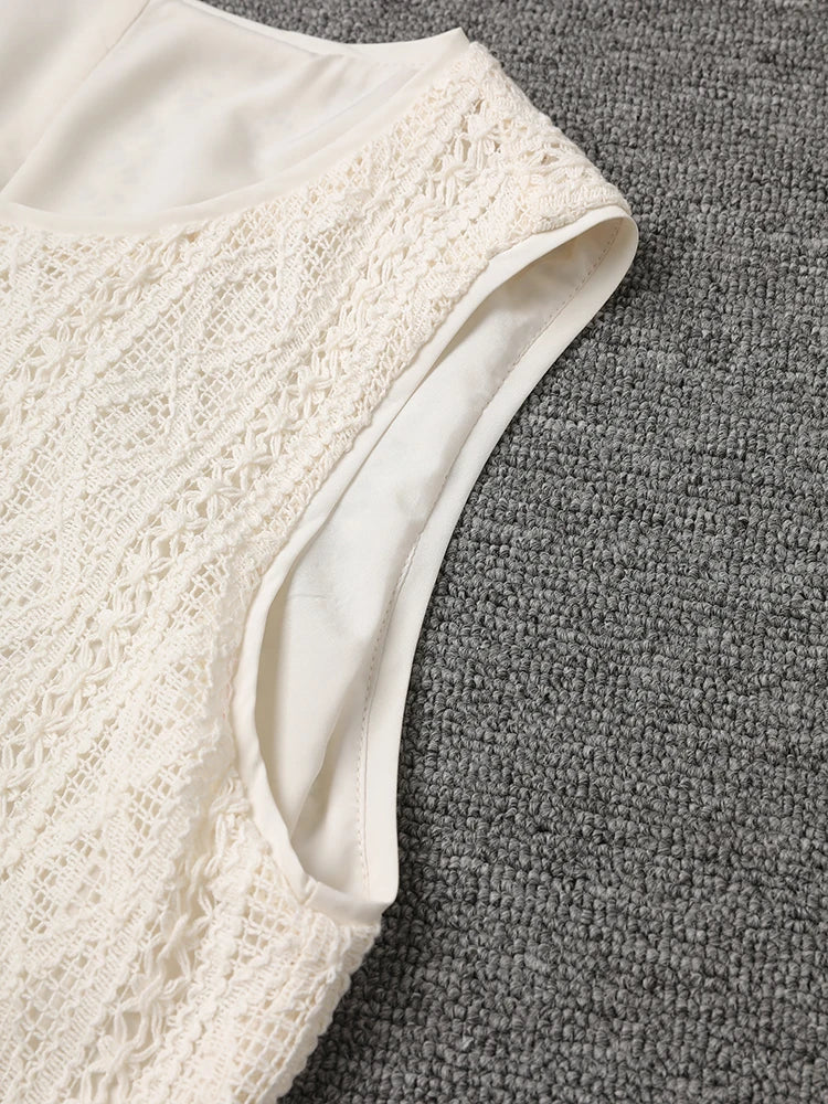 Women Beige Knitting Spliced Elegant Midi Vest Dress New Round Neck Sleeveless Fashion Tide Spring Summer 2025 CPG3068