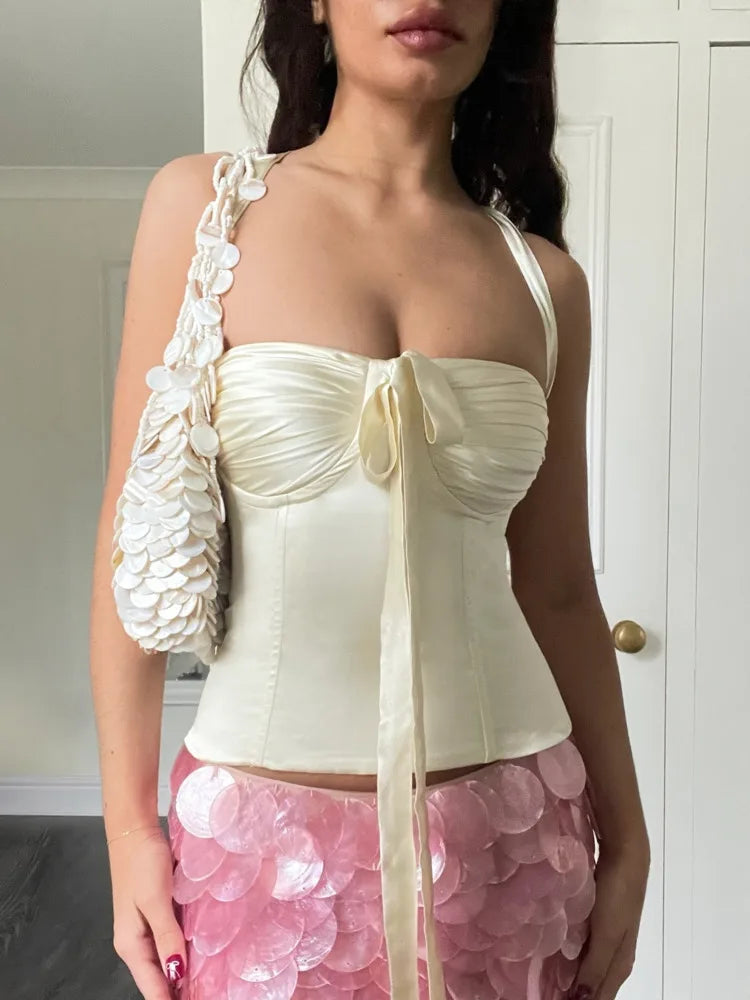 Sexy Strapless Hanging Collar Satin Tight Tie Women Top Vest Elegant Backless Slim Female Vest Spring/summer New 2025