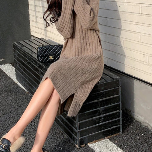 Load image into Gallery viewer, Casual Half Turtleneck Knitted Dress Split Loose Long Sleeve Sweater Dress Winter New Korean Fashion Women&#39;s Clothing
