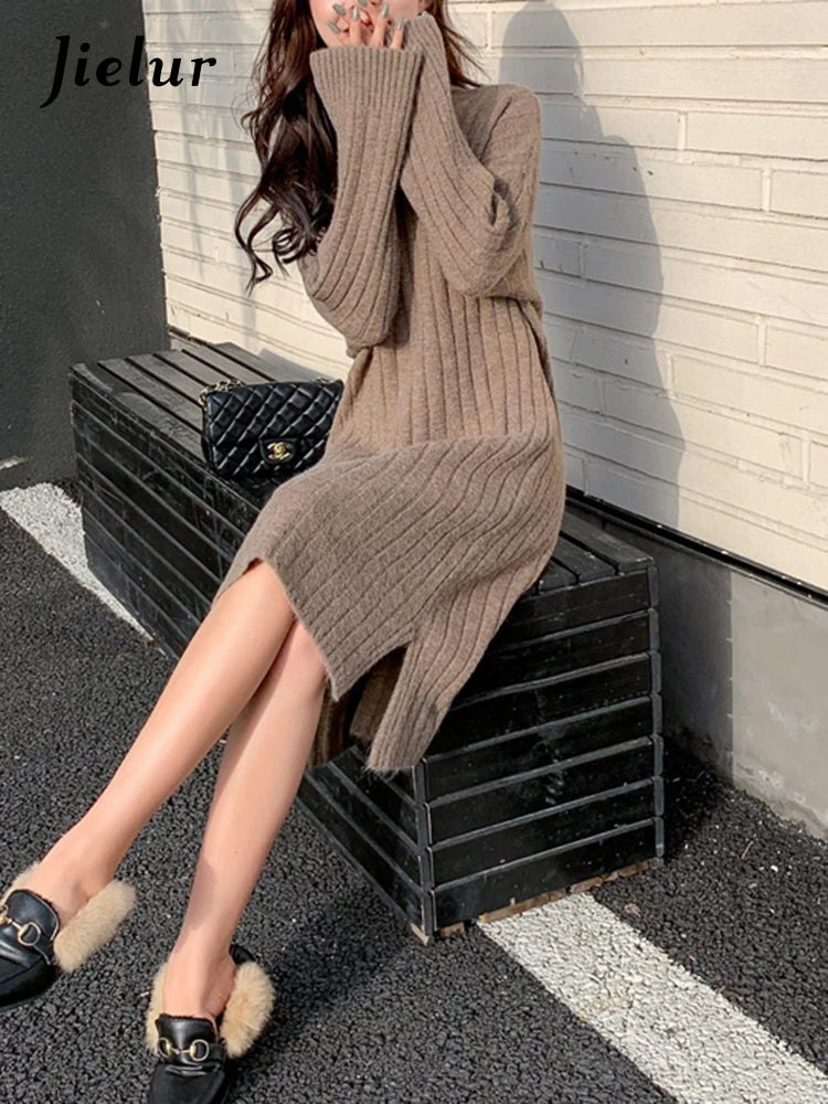 Casual Half Turtleneck Knitted Dress Split Loose Long Sleeve Sweater Dress Winter New Korean Fashion Women's Clothing