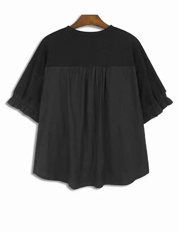 Women Green Ruffles Irregular Big Size Casual T-shirt New Round Neck Short Sleeve Fashion Tide Spring Summer 2025 1DJ0078