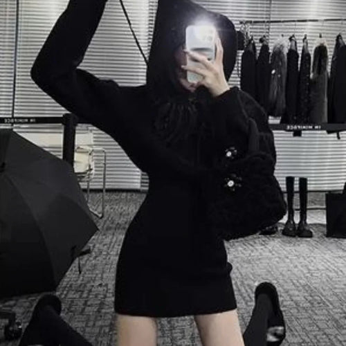 Load image into Gallery viewer, Autumn Winter Knit Knitted Bodycon Wrap Mini Hooded Dress Women Vintage Casual Sport Short Dresses Female
