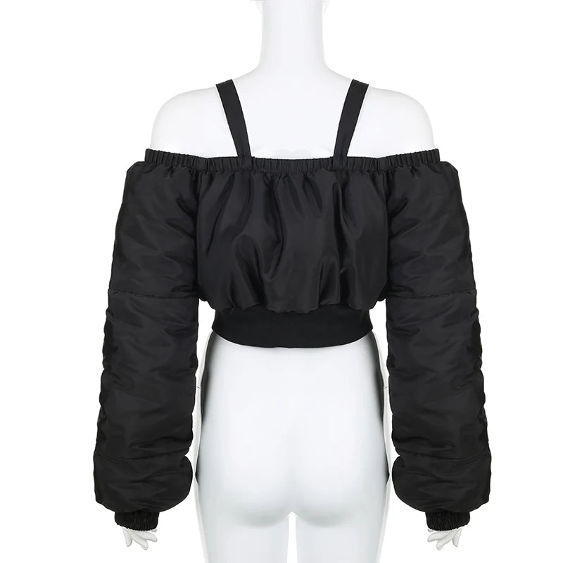 Streetwear Fashion Bubble Parka Coat Short Off Shoulder Buckle Buttons Winter Jacket Women Design Puffer Overcoat New
