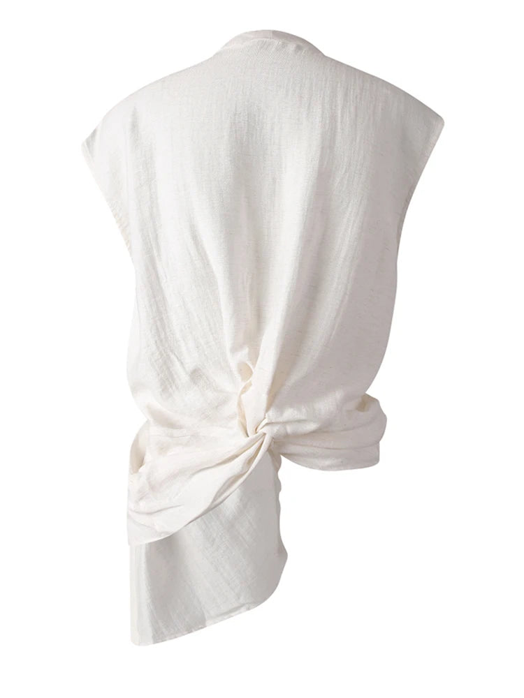 Women Black Irregular Pleated Knot Elegant Blouse New V-Neck Sleeveless Shirt Fashion Tide Spring Summer 2025 CPG3252