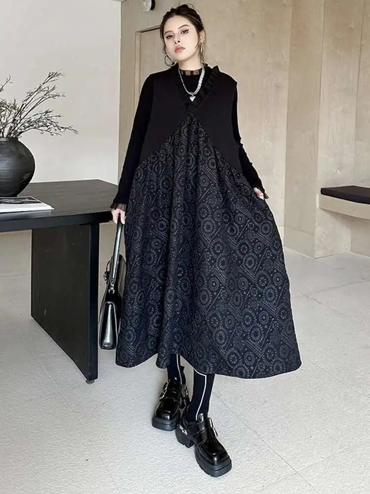 Women Black Pattern Textured Big Size  Long Vest Dress New V-Neck Sleeveless Fashion Tide Spring Autumn 2025 1DH844101