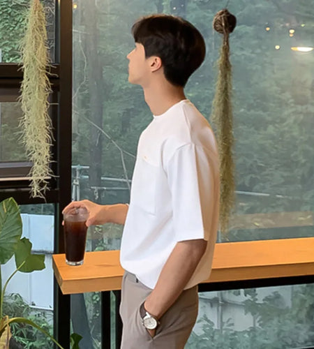 Summer Men's T-shirt Solid Color Pullover Casual Loose Round Neck Male Short Sleeve T-shirts New Top Pocket 2025 9W1358