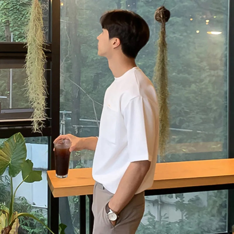 Summer Men's T-shirt Solid Color Pullover Casual Loose Round Neck Male Short Sleeve T-shirts New Top Pocket 2025 9W1358