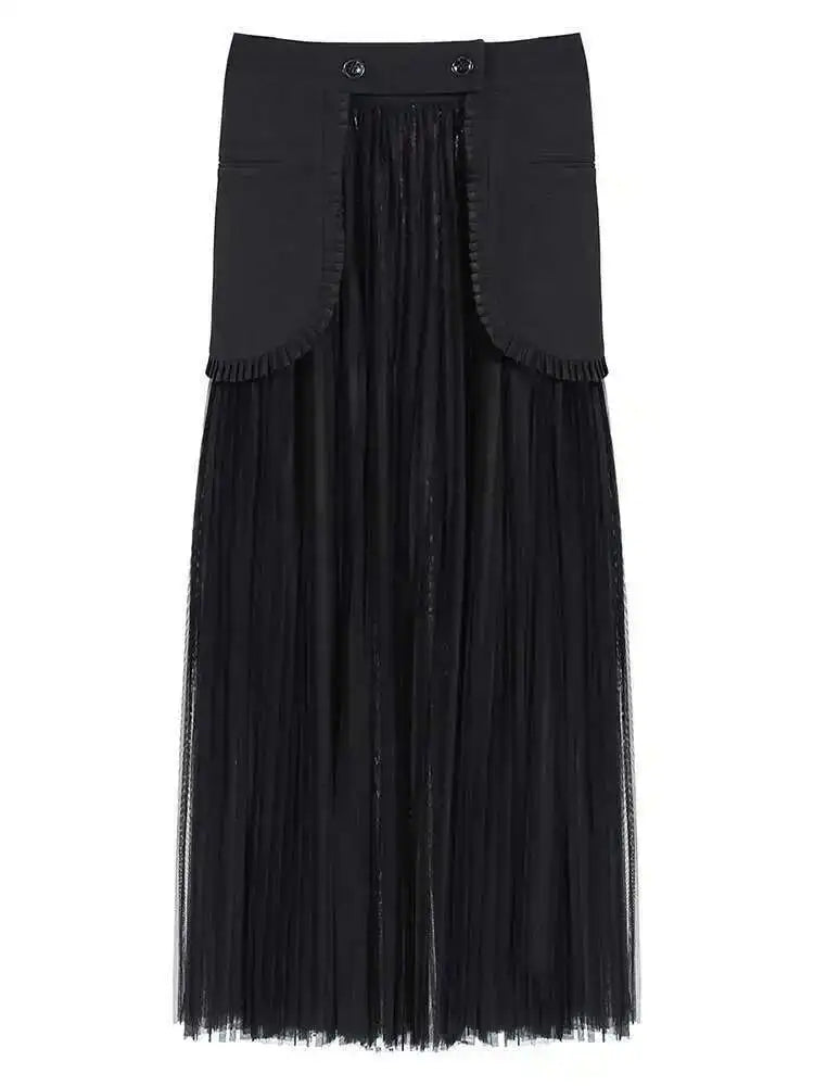 Half-body Skirt Pleated Mesh Two Pieces Suit New Lapel Long Sleeve Black Loose Women Fashion Spring Autumn 2025 1DE6625