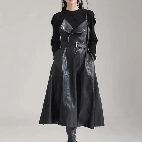 Load image into Gallery viewer, Women Black Pu Leather Belted Long A-line Dress New V-Neck Sleeveless Loose Fit Fashion Tide Spring Autumn 2025 1DH2000
