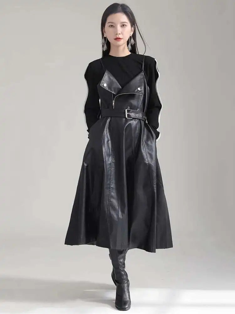 Women Black Pu Leather Belted Long A-line Dress New V-Neck Sleeveless Loose Fit Fashion Tide Spring Autumn 2025 1DH2000