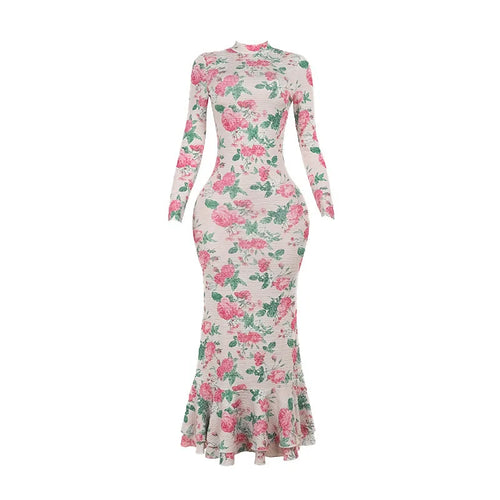 Load image into Gallery viewer, Bodycon Long Sleeve Half High Collar Print Zipper Elegant Maxi Dress Women Slim High Waist Sexy Dress Ladies Outfits
