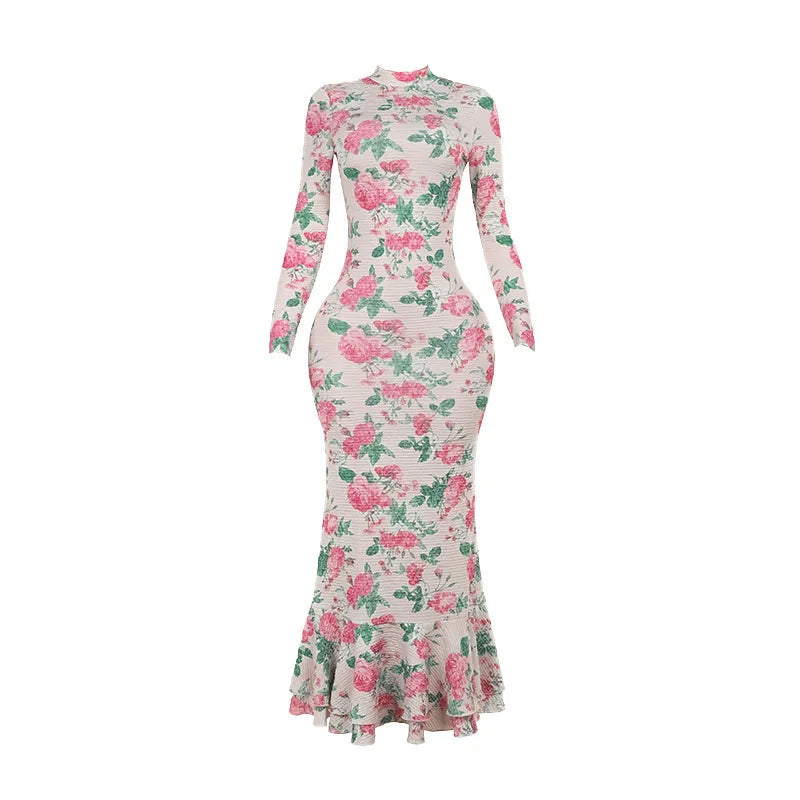 Bodycon Long Sleeve Half High Collar Print Zipper Elegant Maxi Dress Women Slim High Waist Sexy Dress Ladies Outfits