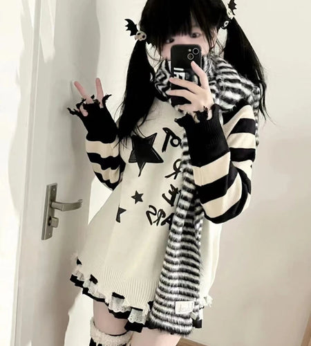 Y2k Aesthetic Star Letter Print Women Sweaters Striped Harajuku Loose Ripped Grunge Sueter Mujer Goth All Match Casual Pullover