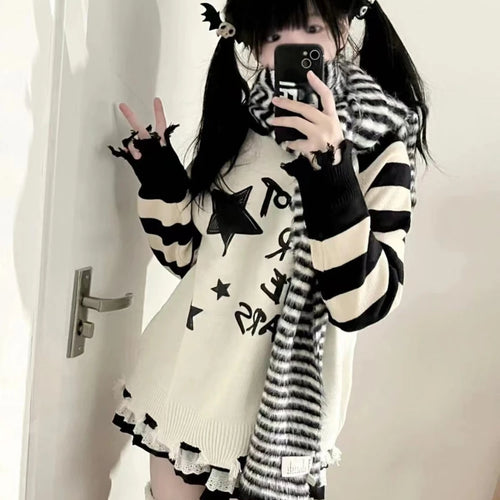 Load image into Gallery viewer, Y2k Aesthetic Star Letter Print Women Sweaters Striped Harajuku Loose Ripped Grunge Sueter Mujer Goth All Match Casual Pullover
