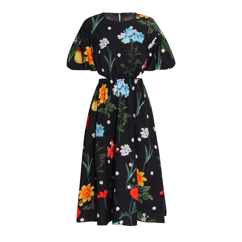 Load image into Gallery viewer, Print Dresses For Women Round Neck Short Sleeve High Waist Hollow Out A Line Print Vintage Dress Female Fashion
