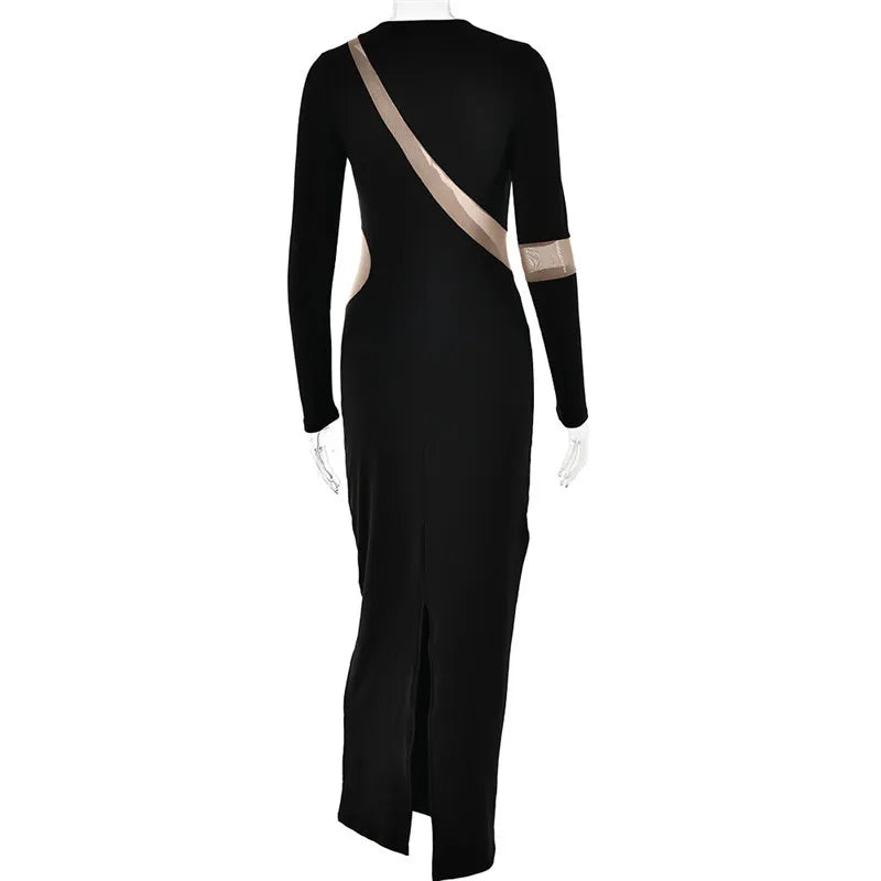 Turtleneck Long Sleeve Bodycon Maxi Dress For Women Autumn New Patchwork Hollow Out Club Party Sexy Long Dress Vestidos