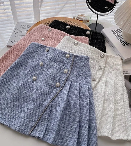 Autumn Winter Retro Plaid Slim Pleated A-line Woolen Half-length Skirt Womens Irregular Pearl Buckle High Waist Mini Tweed Skirt