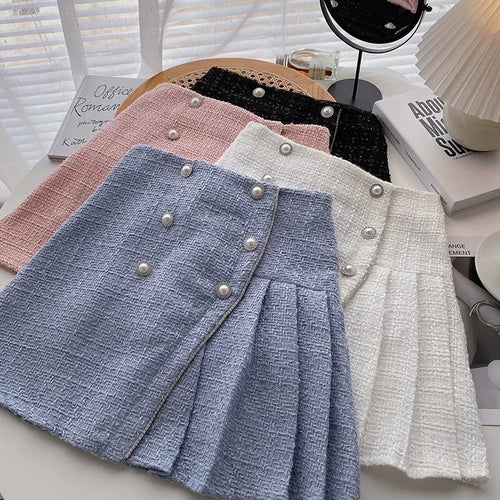 Load image into Gallery viewer, Autumn Winter Retro Plaid Slim Pleated A-line Woolen Half-length Skirt Womens Irregular Pearl Buckle High Waist Mini Tweed Skirt
