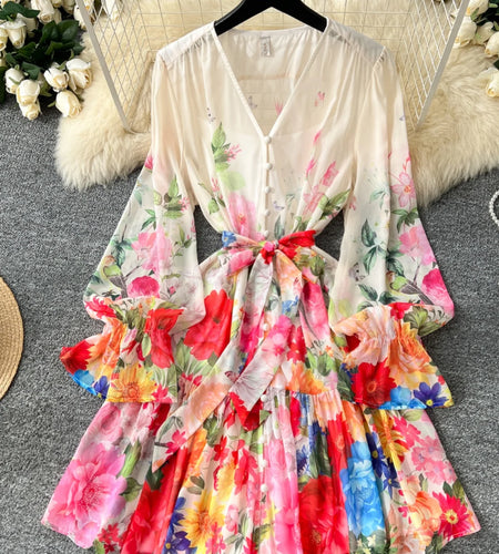Bohemian Women Beige Flower Vacation Temperament Bandage Pleated Short Dresses Spring V Neck High Waist Party Prom Dress Popular