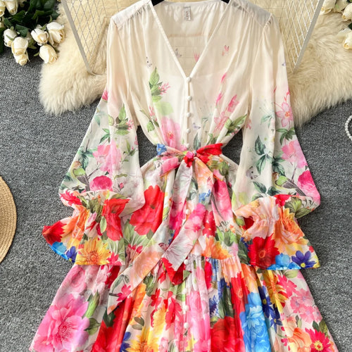 Load image into Gallery viewer, Bohemian Women Beige Flower Vacation Temperament Bandage Pleated Short Dresses Spring V Neck High Waist Party Prom Dress Popular
