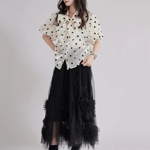 Load image into Gallery viewer, Women Apricot Dot Printed Perspective Blouse New Bow Collar Short Sleeve Shirt Fashion Tide Spring Summer 2025 1DJ1516
