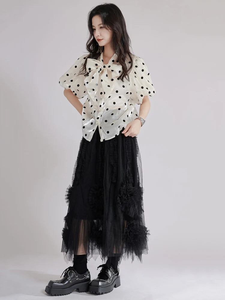 Women Apricot Dot Printed Perspective Blouse New Bow Collar Short Sleeve Shirt Fashion Tide Spring Summer 2025 1DJ1516