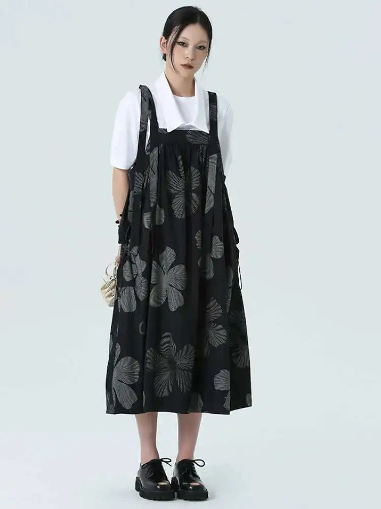 Women Black Pattern Printed Big Size Strap Dress New Square Collar Sleeveless Fashion Tide Spring Autumn 2025 1DH4956