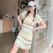 Load image into Gallery viewer, Korean Fashion Women New Beige Striped Single Breasted Knitted Mini Dress Spring Summer Short Sleeves Holiday Dress Casual Trend
