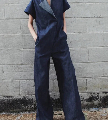 Womens One Piece Wide Leg Jumpsuit Pants 2025 New Summer Loose Blue V-neck Short Sleeves High Waisted Jumpsuits Women