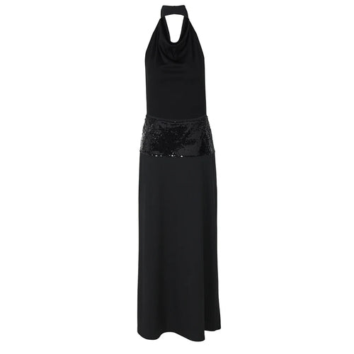 Load image into Gallery viewer, Black Halter Backless Sexy Maxi Dress For Women Gown Elegant Glitter High Waist O Neck Sleeveless Long Dress Elegant

