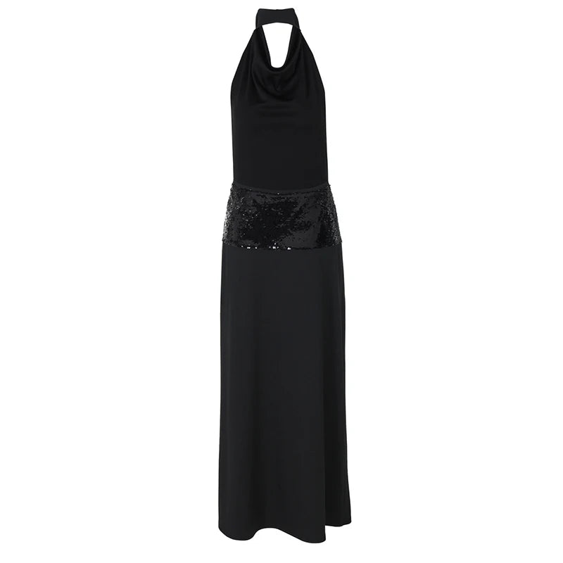 Black Halter Backless Sexy Maxi Dress For Women Gown Elegant Glitter High Waist O Neck Sleeveless Long Dress Elegant
