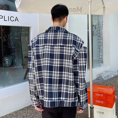 Load image into Gallery viewer, Trendy Off Shoulder Design Male Jacket Multi Pockets Niche Plaid Turn-down Collar Top 2025 Spring Fashion Tide 9W1278
