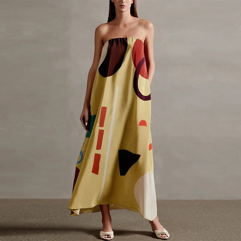 Women Vacation Beach Strapless Printed Maxi Dress Sexy Long Wedding Guest Dress Tube Cocktail Evening Dresses Woman