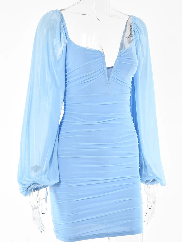 Backless Pleated Dress Women New Year 2022 Elegant Casual Solid Double Layer Mesh Mini Evening Dresses Female Clothing