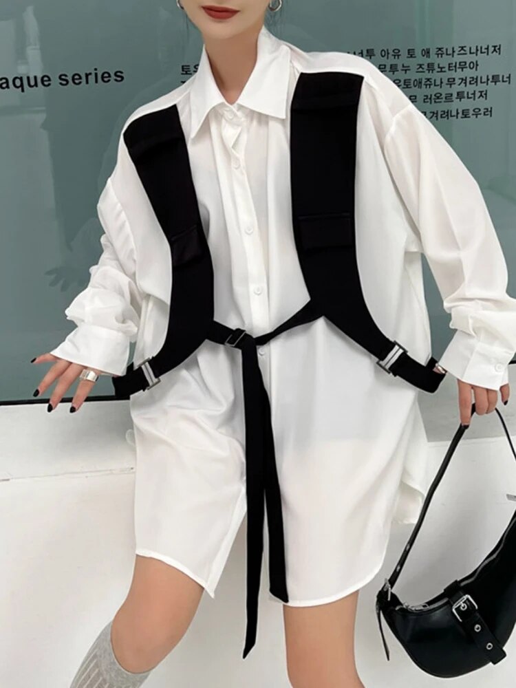 Colorblock Casual Loose Shirts For Women Lapel Long Sleeve Spliced Single Breasted Designer Blouses Female Fashion