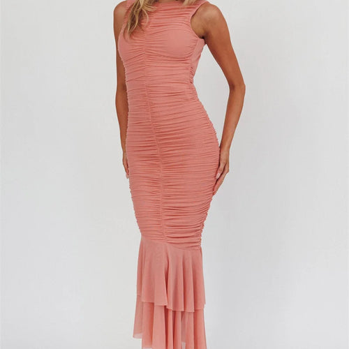 Load image into Gallery viewer, Mesh Backless Ruffle Sexy Maxi Dress Women Gown Two Layer Fabric Fashion Sleeveless Ruched Bodycon Club Long Dress
