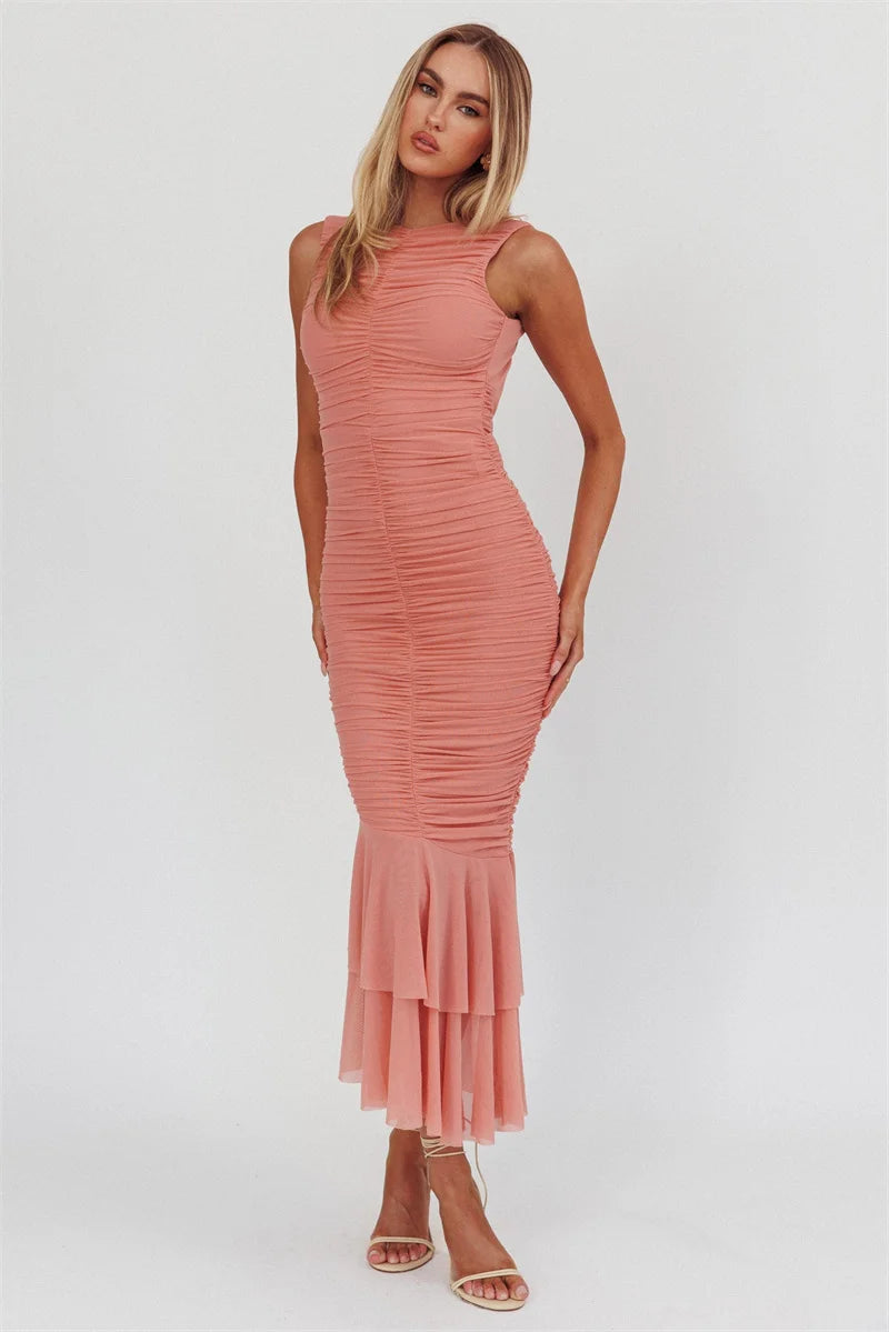 Mesh Backless Ruffle Sexy Maxi Dress Women Gown Two Layer Fabric Fashion Sleeveless Ruched Bodycon Club Long Dress