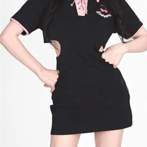 Load image into Gallery viewer, Y2k Letter Embroidery Bodycon Dress Women Hollow Out Bandgae Kawaii Black Short Sleeve Mini Dresses Korean Fashion
