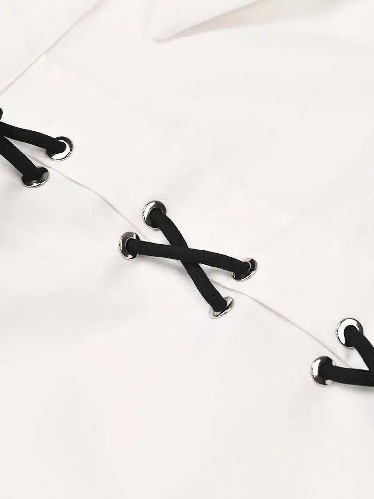 Women White Bandage Big Size Casual  Blouse New Lapel Long Sleeve Loose Fit Shirt Fashion Tide Spring Autumn 2025 1DF9108