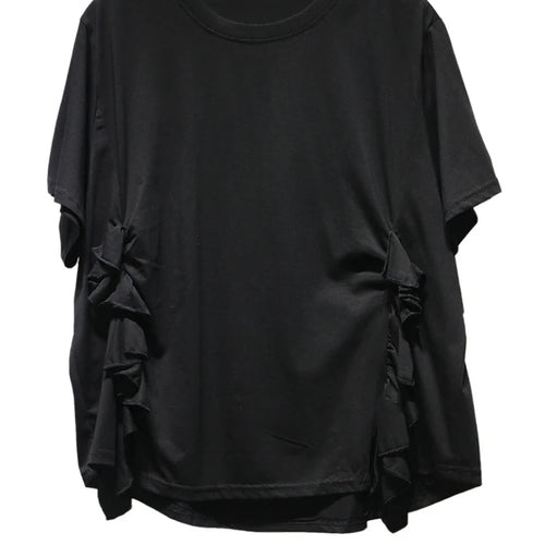 Load image into Gallery viewer, Women Black Ruffles Irregular Big Size Casual T-shirt New Round Neck Short Sleeve Fashion Tide Spring Summer 2025 1DJ0484
