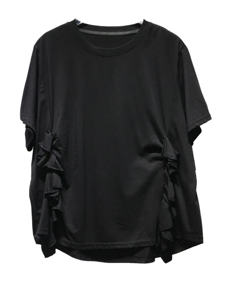 Women Black Ruffles Irregular Big Size Casual T-shirt New Round Neck Short Sleeve Fashion Tide Spring Summer 2025 1DJ0484