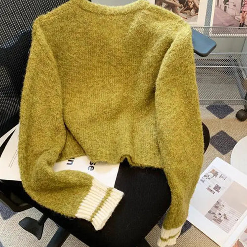 Load image into Gallery viewer, Korean Purple Patchwork Long Sleeved Short Sweater Women's New Green Casual Thick Loose Knit Pullover Top Autumn Winter 2024 Y2k
