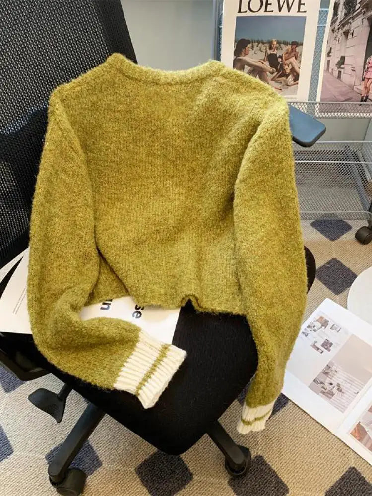 Korean Purple Patchwork Long Sleeved Short Sweater Women's New Green Casual Thick Loose Knit Pullover Top Autumn Winter 2024 Y2k