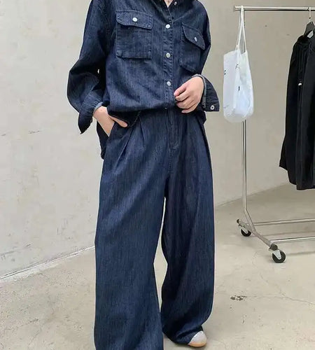 High Waist Wide Blue Denim Pleated Long Casual Leg Jeans New Women Trousers Fashion Tide Spring Autumn 2025 1DH8349