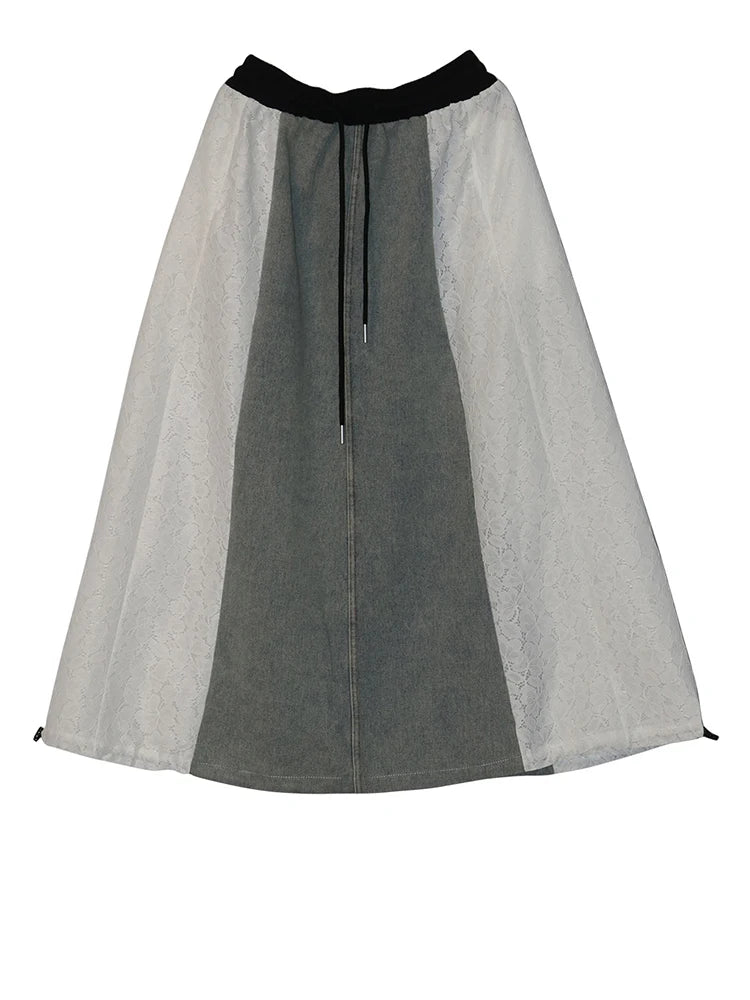 High Elastic Waist Black Lace Denim Color-block A-line Half-body Skirt Women Fashion Tide New Spring Autumn 2025 1DJ1293