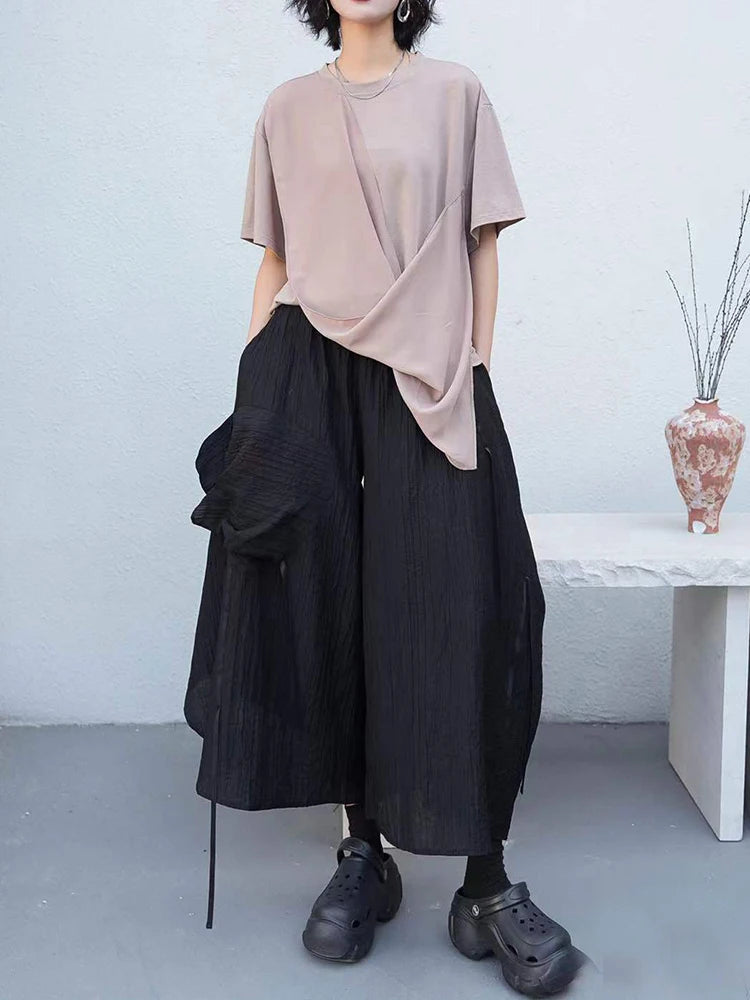 Women White Irregular Pleated Big Size Casual T-shirt New Round Neck Short Sleeve Fashion Tide Spring Summer 2025 1DJ0214