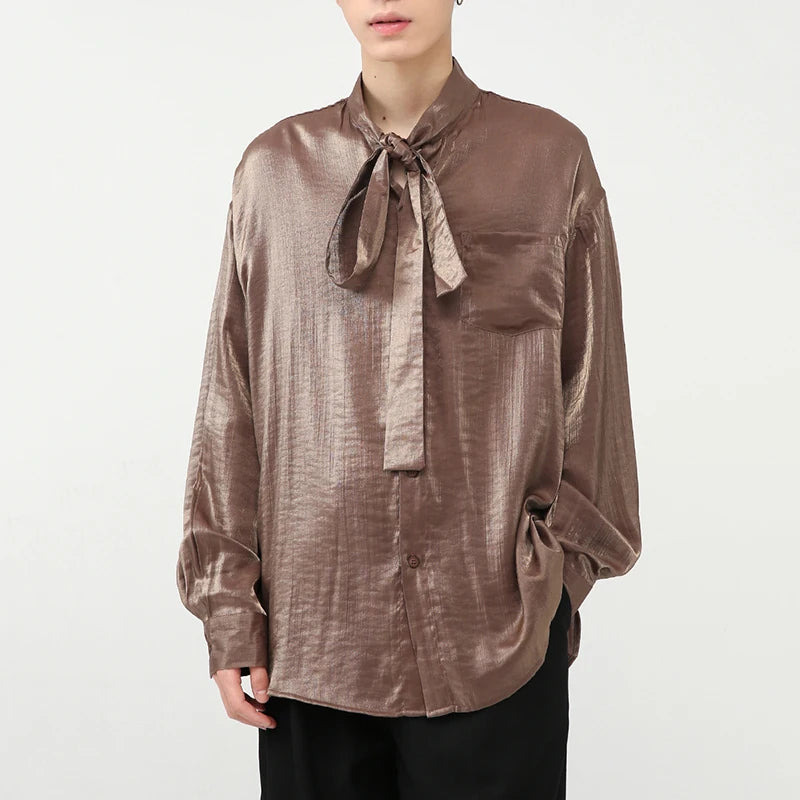 Stylish Men's Shirts Stand Collar Solid Color Tie Design Drape Pocket Single Breasted Loose Male Long Sleeve Tops 9W1185