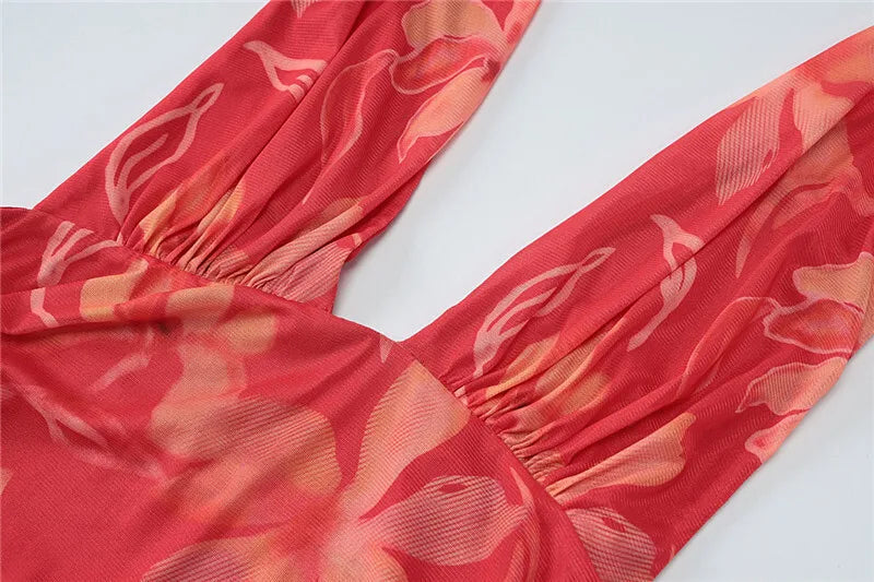 Halter Deep V Neck Ruffled Sexy Maxi Dress For Women Fashion Sleeveless Backless High Waist Bodycon Club Printed Dress