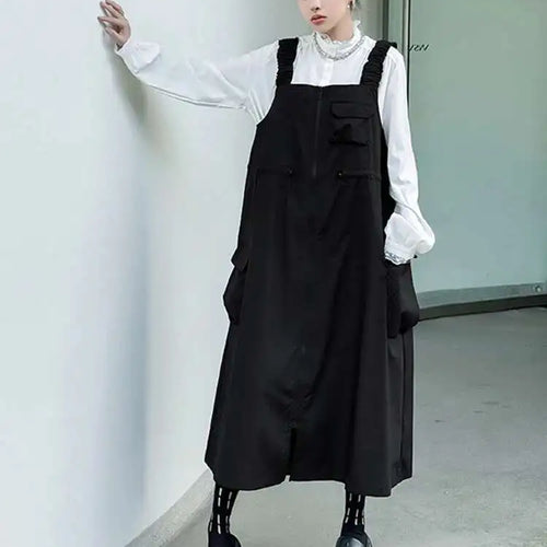 Load image into Gallery viewer, Women Black Pockets Drawstring Big Size Strap Dress New Square Collar Sleeveless Fashion Tide Spring Autumn 2025 1DH9934
