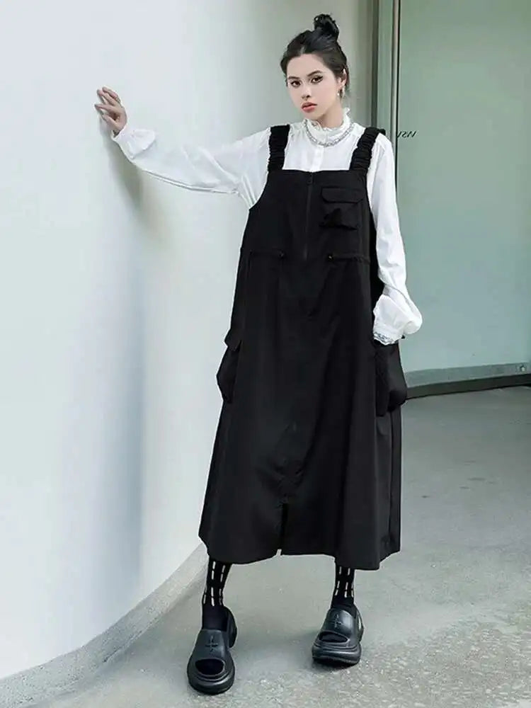 Women Black Pockets Drawstring Big Size Strap Dress New Square Collar Sleeveless Fashion Tide Spring Autumn 2025 1DH9934